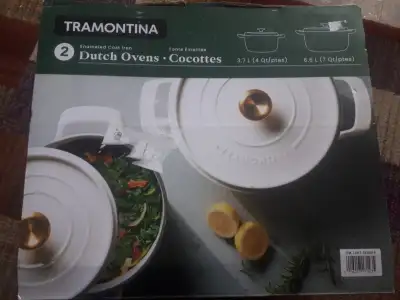 Tramontina Dutch oven White enameled New in box, with lids (stainless handles) Ok so here's the deal...