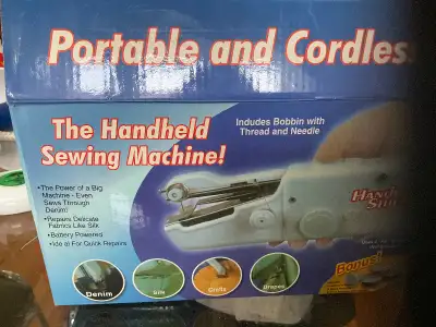 This portable and cordless hand held sewing machine is new in box. Included is instructions Bobbin w...
