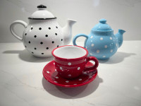 Handmade, Hand Painted Ceramic Polka Dot Teapots & Tea Cup - NEW