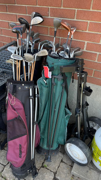 Assorted golf clubs and caddy bag