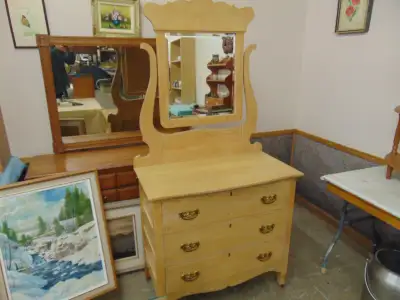 REFINISHED OAK DRESSER WITH MIRROR AND GLASS TOP VERY NICE, View more