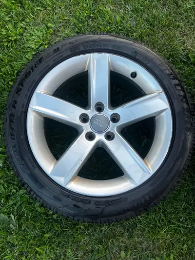 Selling a set of four Audi rims with winter tires, sized at 225/50R17. These rims and tires are in u...