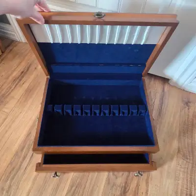 VINTAGE silverware storage chest. Made from wood. Royal blue felt or velvet interior. Multi-level de...