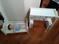 Doll, Wooden Bed, Wooden Bedside Table/Shelf Toys All for $25