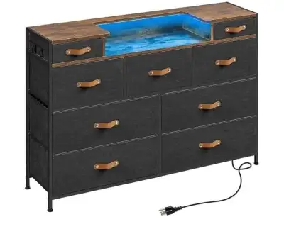 Sangmucen Dresser with LED Light and Charging Station, 9 Fabric, View more