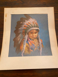 Vtg Dorothy Oxborough First Nation Chief Boy textured print 1963