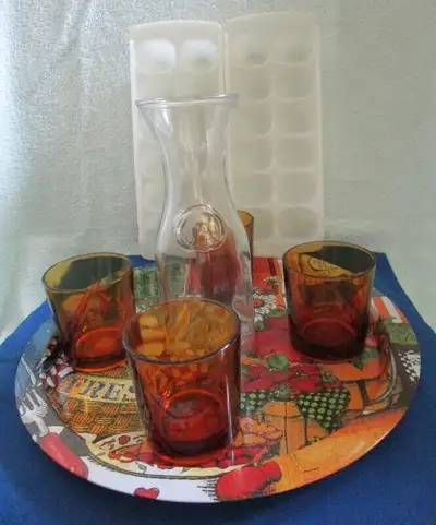 CARAFE, GLASSES, TRAY and ICE CUBE TRAYS, View more