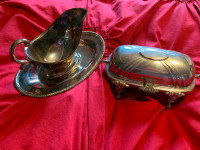 silver plate gravy boat and butter dish