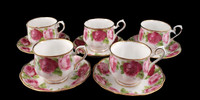 Royal Albert Old English Rose Set of Five Teacups and Saucers