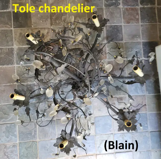 Vintage Tole Chandelier + Light Set - All Black, Frosted Crystal in Indoor Lighting & Fans in Markham / York Region - Image 3