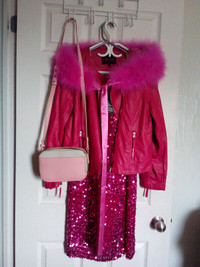Hot pink sequins dress, pleather jacket, pink bag. ostrich scarf