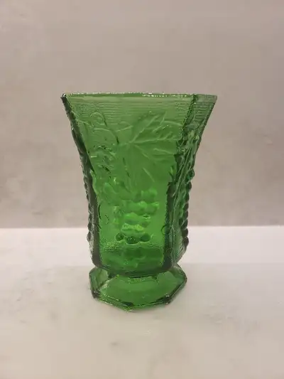 Beautifully detailed Vintage Green Depression Glass Vase with grapevine relief. Vase is hexagon shap...