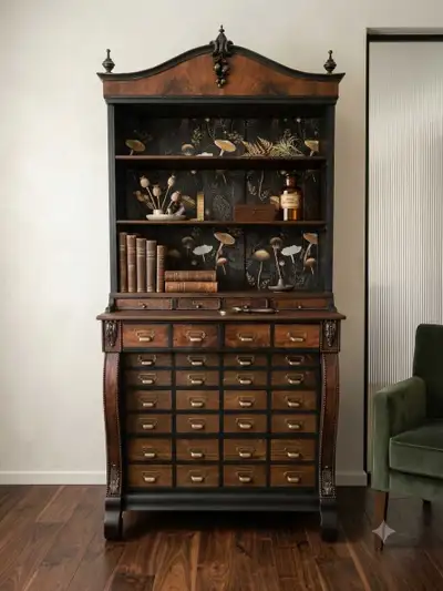This stunning, repurposed antique apothecary-style cabinet features storage drawers and integrated s...