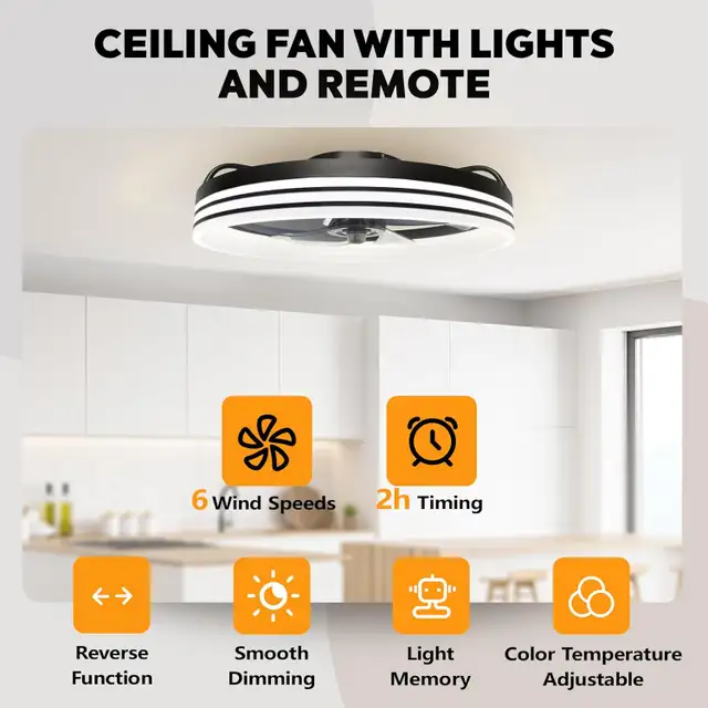 Modern Flush Mount Ceiling Fan with Light & Remote – 19.7" Low P in Indoor Lighting & Fans in Mississauga / Peel Region - Image 7