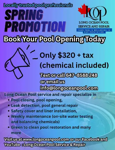 Swimmg Pool Opening $320 Limited time, View more