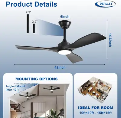 Depuley 42" Ceiling Fan with Light – Black, 3-Blade, DC Motor, R, View more