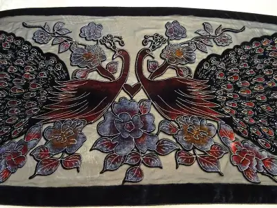 SILK PEACOCK SHAWL black silk cut velvet STUNNING 68”x20", View more