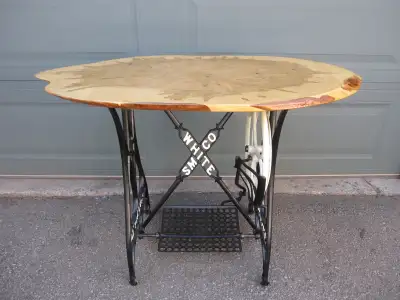 WHITE SEWING MACHINE LIVE EDGE COFFEE ENTRANCE TABLE ETC, View more