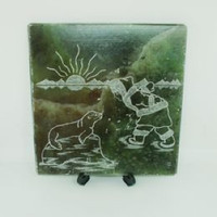 Vintage Inuit Eskimo Soap Stone Tile Plaque Etching Seal & Child