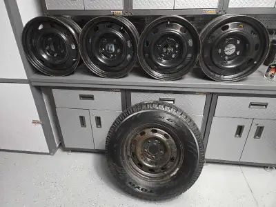 17 inch steel winter rims and tire sensors two years old and Spare tire on the rim never used. All f...
