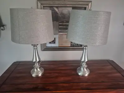 Two  grey table shade lamps, View more