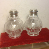Antique  Glass Salt  Pepper Shakers Sterling Silver Caps NICE!