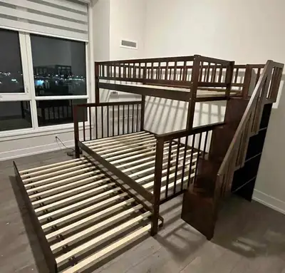 Solid Wood 3-Level Bunk Bed with Storage Stairs & Extra Trun, View more