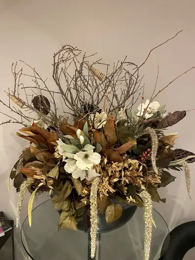 Large table top Floral Arrangement in metal pot, View more