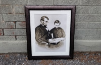 Framed b&w photo print of US Pres Abraham Lincoln and son c1864