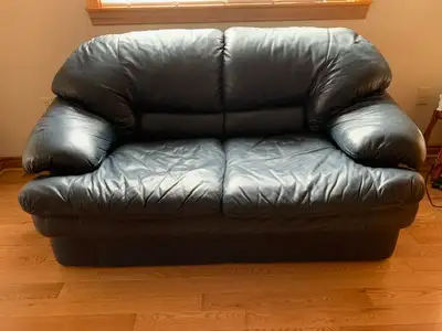Blue Leather Loveseat-Navy Blue (excellent condition ), View more