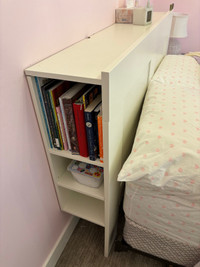 IKEA off-white bookcase headboard, double frame and boxspring