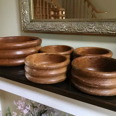 Set of 5 teak wood salad bowls. In good condition with minor scrapes/scratches due to usage see phot...