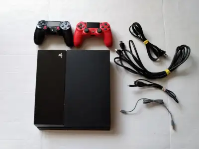 PLAYSTATION 4 CONSOLE TWO PS4 CONTROLLERS AND ALL CORDS RED, View more