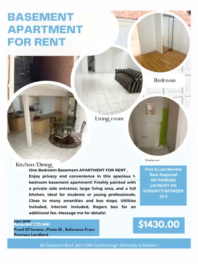 One Bedroom Basement Apt