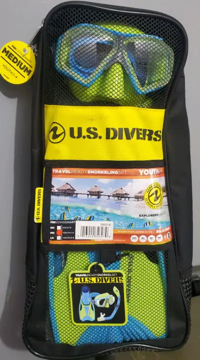 Brand new U.S. Divers travel ready snorkel set.. youth medium 1-4 ... 2 set available one green & on...