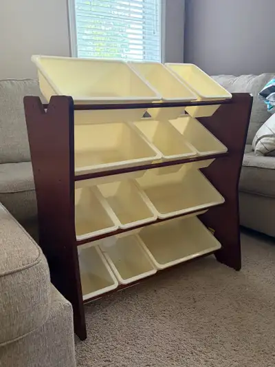 Storage unit with bins Used for kids toys, tools, papers and files, etc. 4 large bins and and 8 smal...