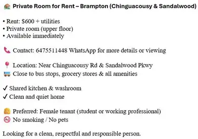 A room is available in 4 bedroom house. Please contact at 4374308593