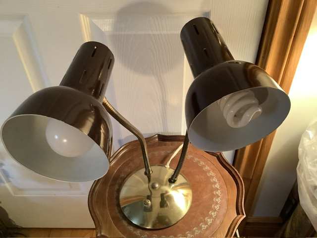 Vintage MC Double Light Brown Enamelled Metal Gooseneck Lamp in Indoor Lighting & Fans in Belleville