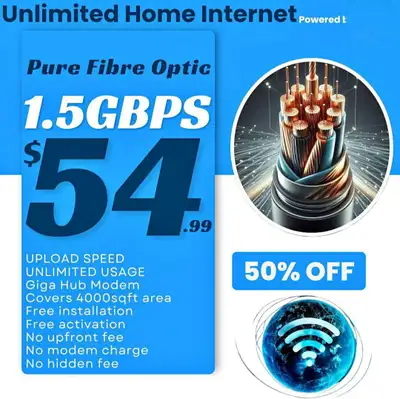 Get lightning-fast internet with our Pure Fibre Optic 1.5GBPS plan! Enjoy unlimited usage, a Giga Hu...