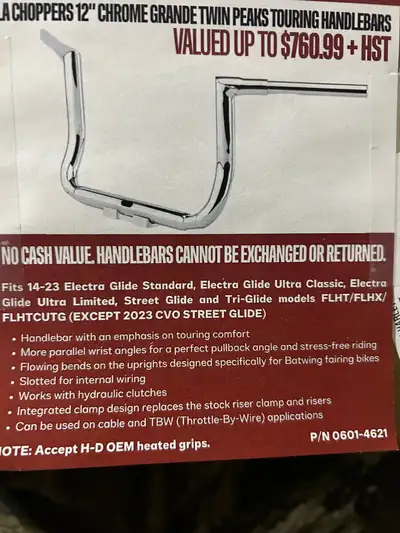 Brand new LA Choppers handle bars for Harley Davidson FLH models and Triglide.