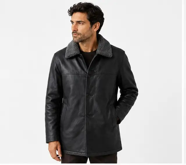 Men’s Black Sherpa Collar Leather Jacket in Men's in Oshawa / Durham Region - Image 3