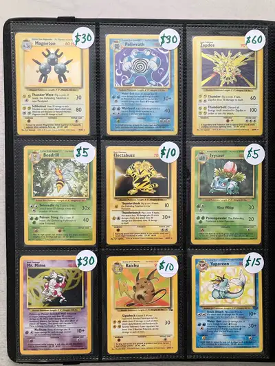 A collection of 18 vintage Pokemon holos/rares from the 1999 Jungle, Fossil and Base sets. Prices ar...