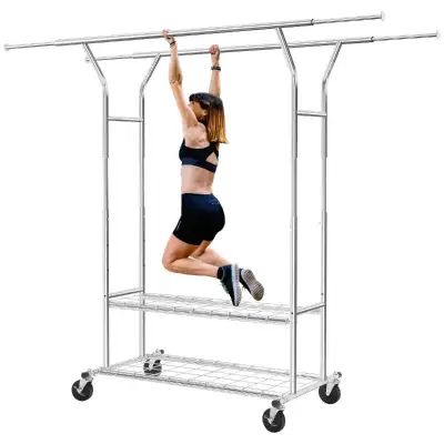 Heavy-Duty Double Rods Clothing Rack On Wheels Adjustable Rods , View more