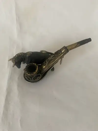 antique filigree tobacco pipe with unique stand., View more