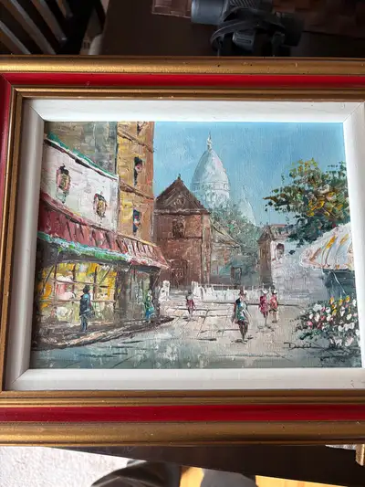 Trois belles toiles à l’huile des rues de Paris 7 /10 po,-18-25cm.,toutes cadrées, signées par les a...