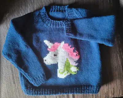 "Life Is Rainbows and Unicorns" Hand Knit Toddler Pullover - NEW, View more