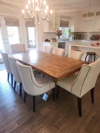 Harvest Table and 8 Upholstered Dining Chairs