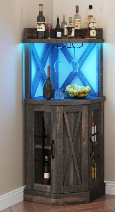 Farmhouse Corner Bar Cabinet – LED Lighting, Glass Door, View more