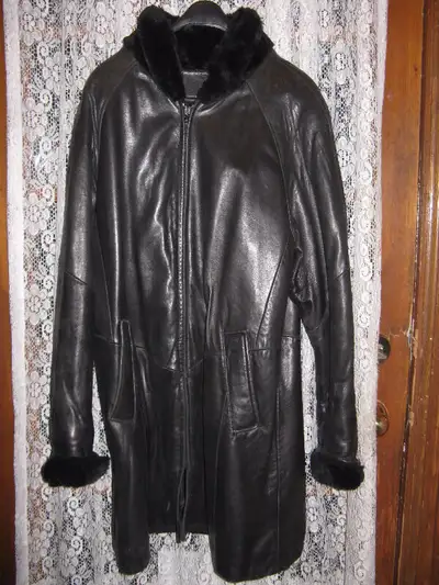 Danier Black Leather Coat with fur collar, View more