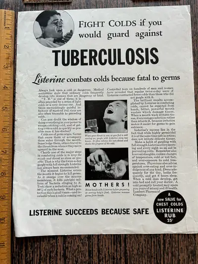 $15  1933 Listerine Rub Fights Colds cause Tuberculosis Print Ad, View more